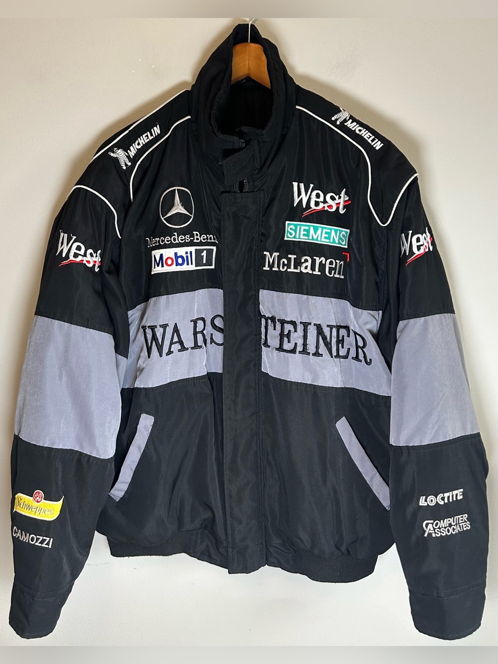 Vintage Mercedes-Benz McLaren Warsteiner Bomber Racing Jacket Size XL Black 1999